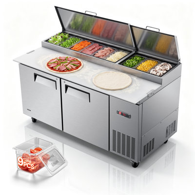 67"W Commercial Refrigerator 19.4 Cu. Ft Pizza Prep Table Fridge, 19" Ultra Wide Cutting Board Salad Refrigerated Worktop, Mega Top Stainless Steel Food Prep Cooler, 9 x 1/3 Pans with Lids