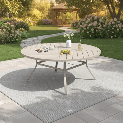 High-Quality Sand Color Round Patio Table All-Weather Metal 8-Person Outdoor Dining Table