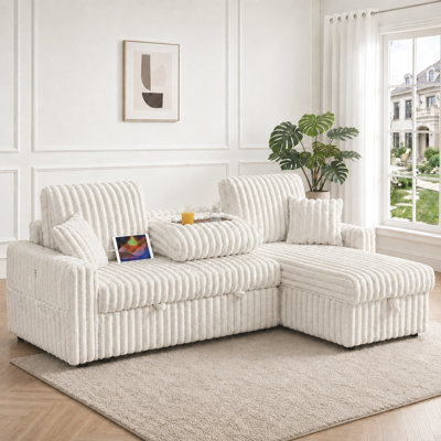 Canapé-lit de 81 po réversible avec méridienne de rangement, méridienne escamotable en forme de L 3 en 1 avec station de charge, porte-gobelet et poche latérale, revêtement en velours côtelé moelleux, pour le salon, appartement