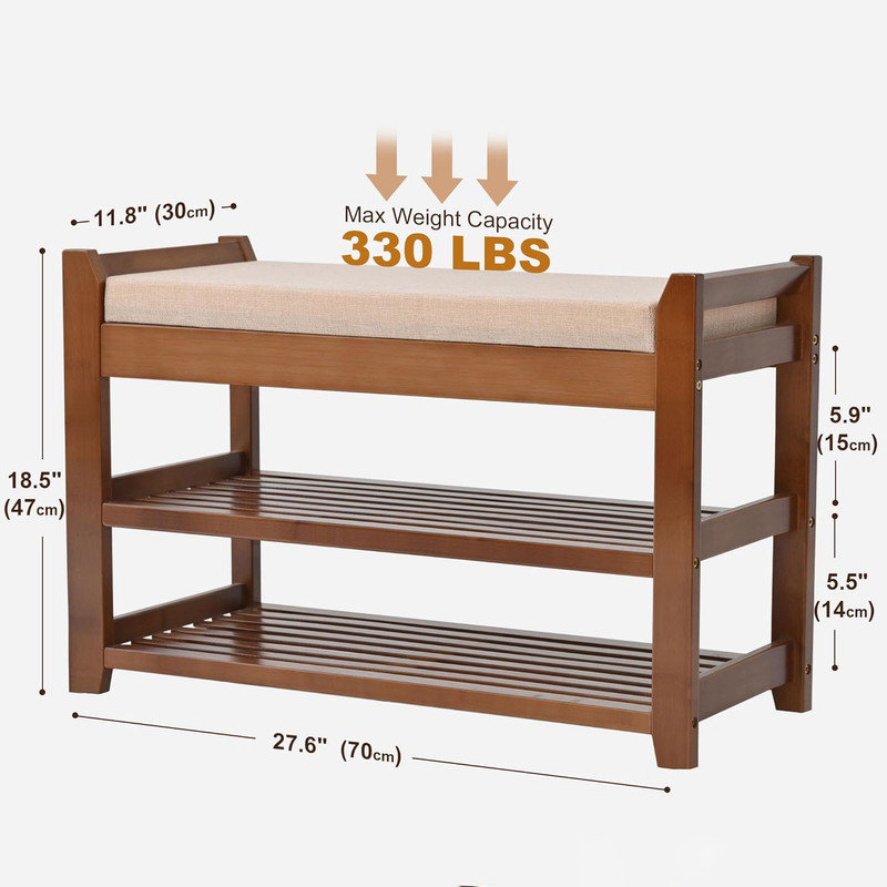 Bamboo Shoe Rack Bench with Beige Cushion and Storage