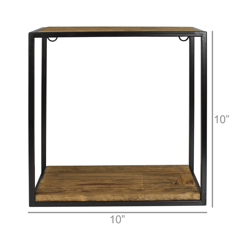Small Square Black Metal and Wood Wall Shelf