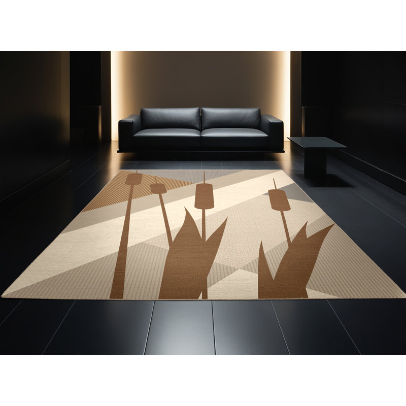 Machine Washable Ortmund Cattail Modern Geometric Rug in Beige – Beige Binding, 7' Square