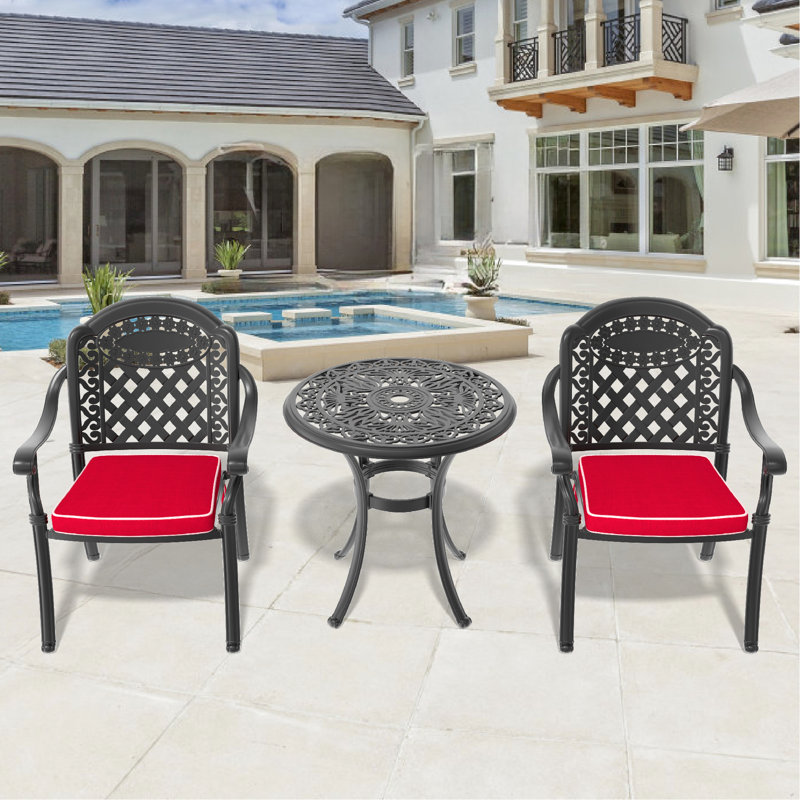 Patio en fonte d'aluminium 3, noir, coussins de couleur aléatoire pour le soulagement extérieur, chaises empilables, table ronde avec mobilier de parasol 3, relax,