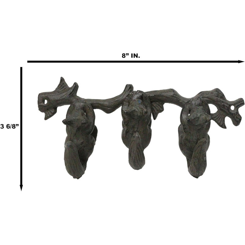 Rustic Country Cast Iron Squirrel On Tree Branch 4-Peg Wall Coat Hooks 13"L