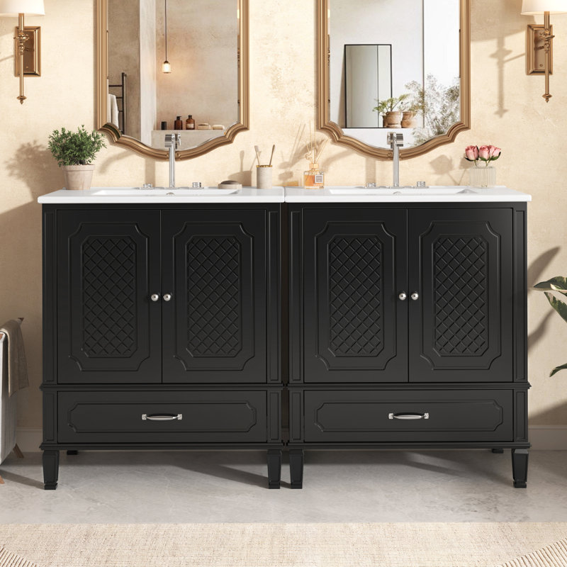 Ensemble de meuble-lavabo 60 po avec lavabo double 60 po, 2 armoires avec porte, 2 tiroirs, noir