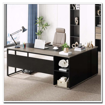 Bureau de direction en L avec tablettes de rangement pour poste de travail