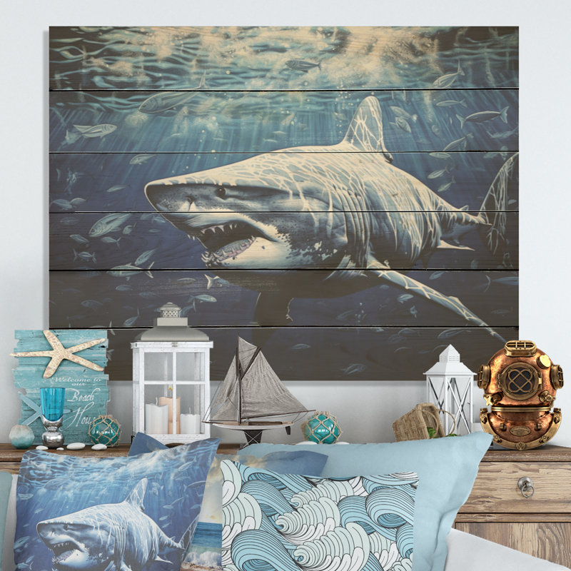 Bull Shark Depths Photography - Shark Wood Art On Natural Pine Wood, 10" H x 20" W