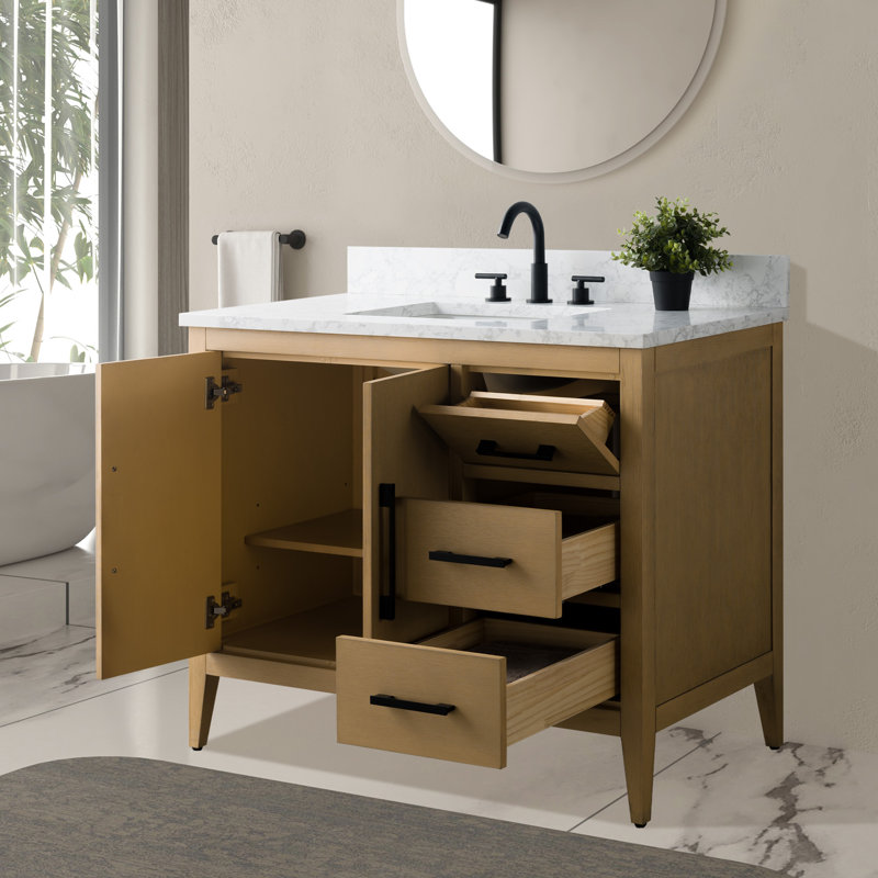 Meuble-lavabo simple 42 po avec plateau en marbre, Noir mat, Chêne naturel