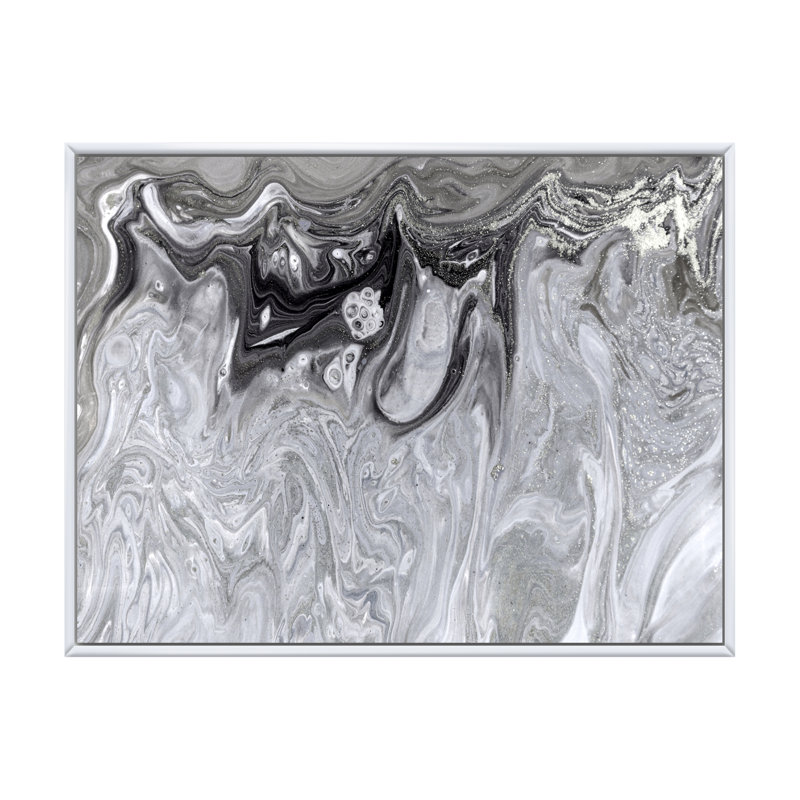 Gris abstrait liquide - peinture sur toile, Cadre flottant blanc, H 12 po x l 20 po x P 1 po