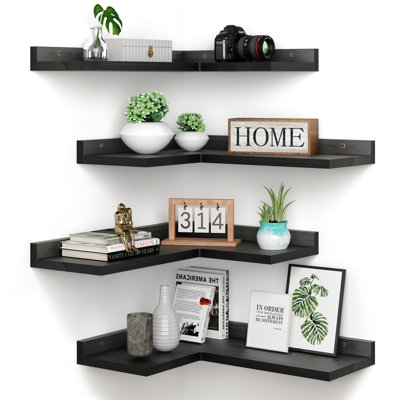 4 Tier Corner Floating Shelves Set of 4, Rustic Pine Wood Corner Shelves for Wall Storage and Decor, L-Shaped Corner Wall Mounted Shelf for Bedroom, Living Room, Bathroom, Kitchen and more 