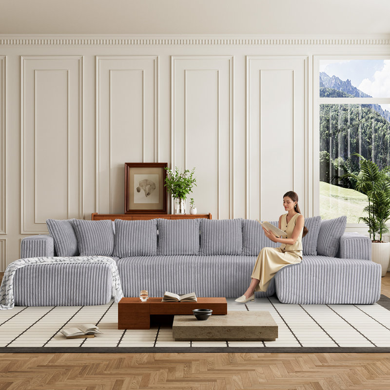 Boneless Modular Sectional Couch, U Shaped 4 Seater Free Combination Compression Sofa, Gray Corduroy