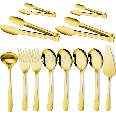 Gold 12 Pieces Serving Utensils Include Large Serving Spoons,Slotted Serving Spoons,Serving Forks,Serving Tongs,Appetizers Tongs,Soup Ladle And Pie Ca