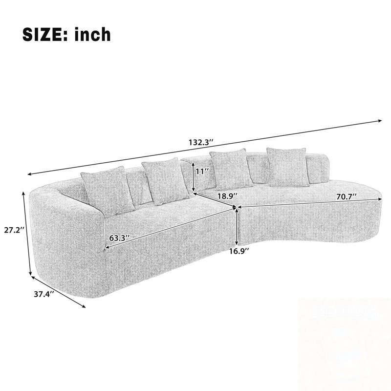 Canapé modulaire en chenille avec design incurvé et 4 coussins, Chenille beige