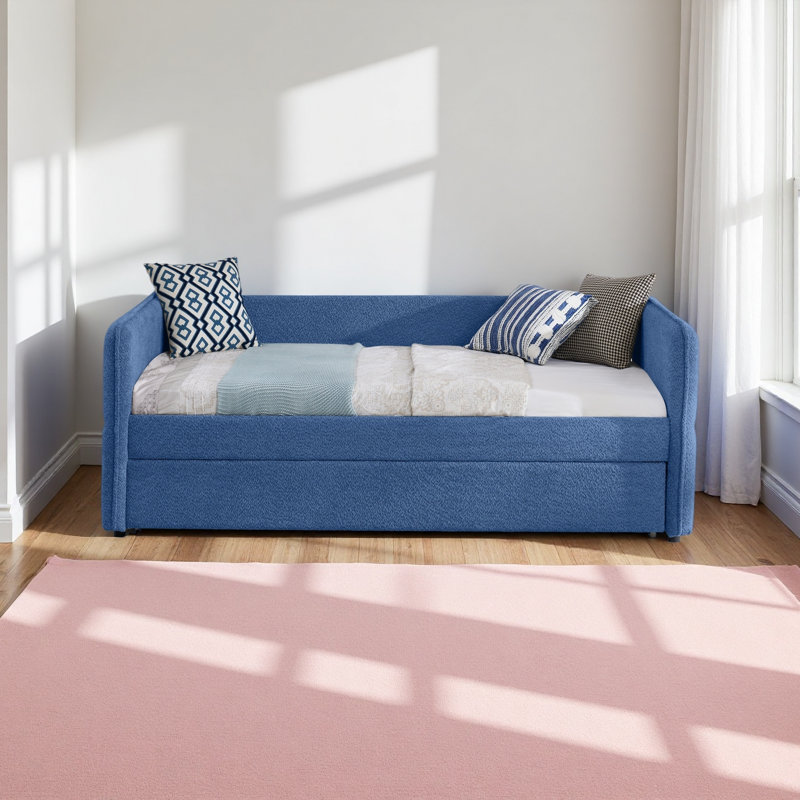 Lit de jour avec canapé-lit tapissier capitonné Pop-Up, Bleu, Lit simple