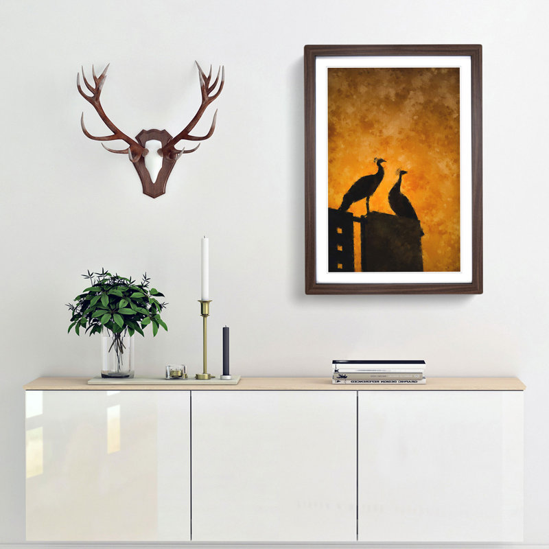 Silhouette of Two Peacocks - Picture Frame Painting Print, Walnut Framed, 87cm H x 62cm W x 2cm D