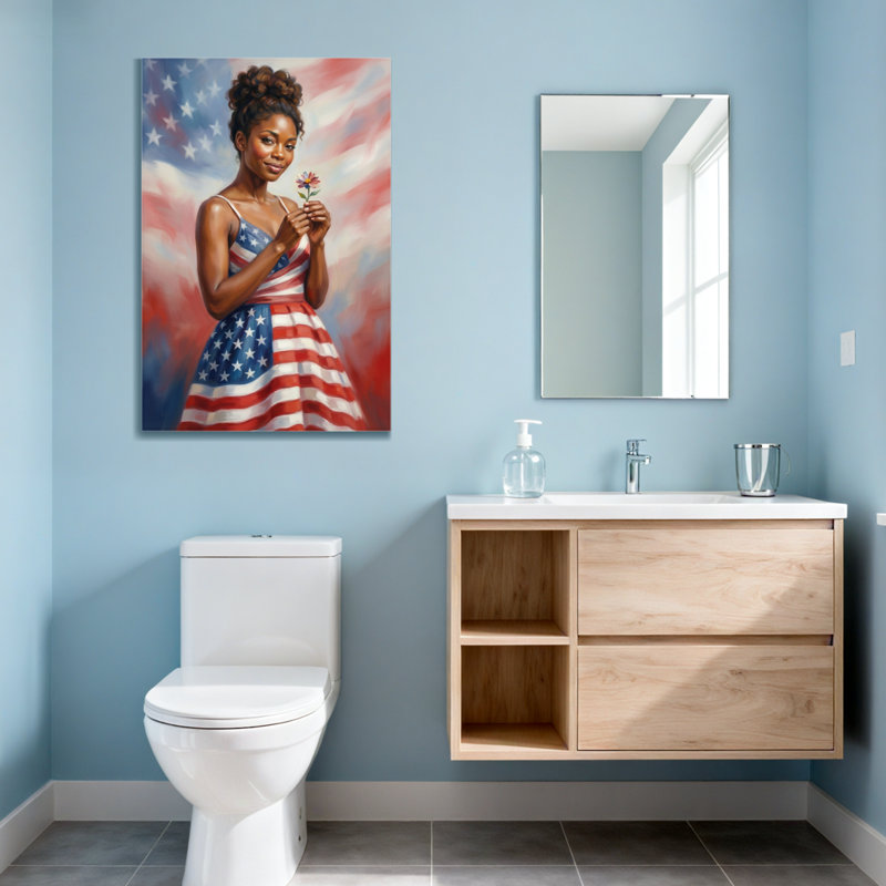 Tendance avec drapeau américain, femme tenant une fleur, H 16 po x l 24 po