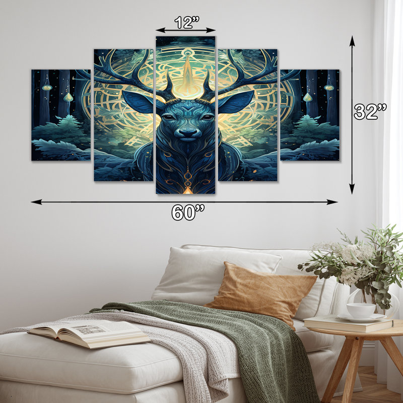 «Celerial Deer Antler Enchanted Forest II - Deer Animal», art mural 5 pièces, H 32 po x l 60 po