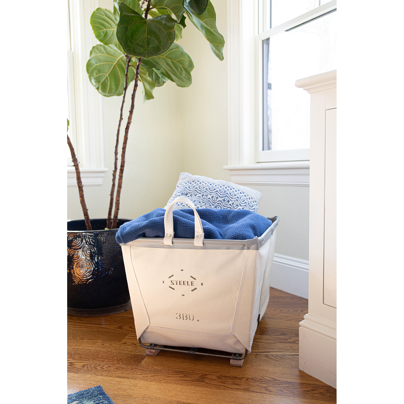 Canvas Small Carry Basket - 3 Bu, Grey Vinyl, Wood Runners