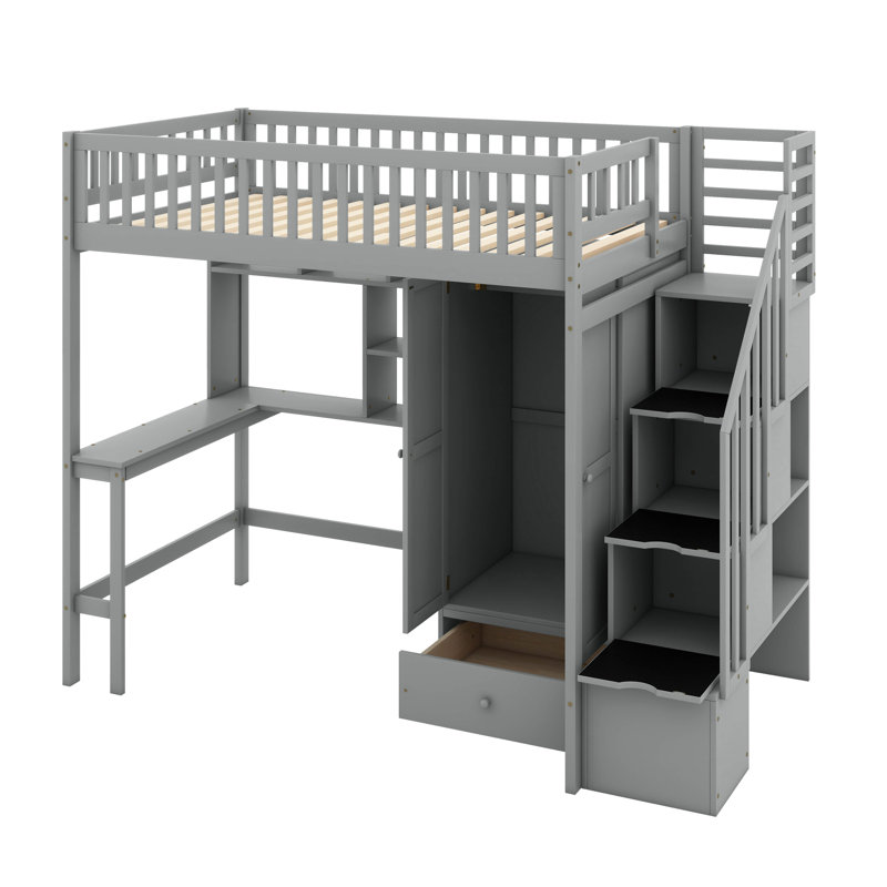 Lit mezzanine simple avec bibliothèque, tiroirs, bureau et garde-robe, gris