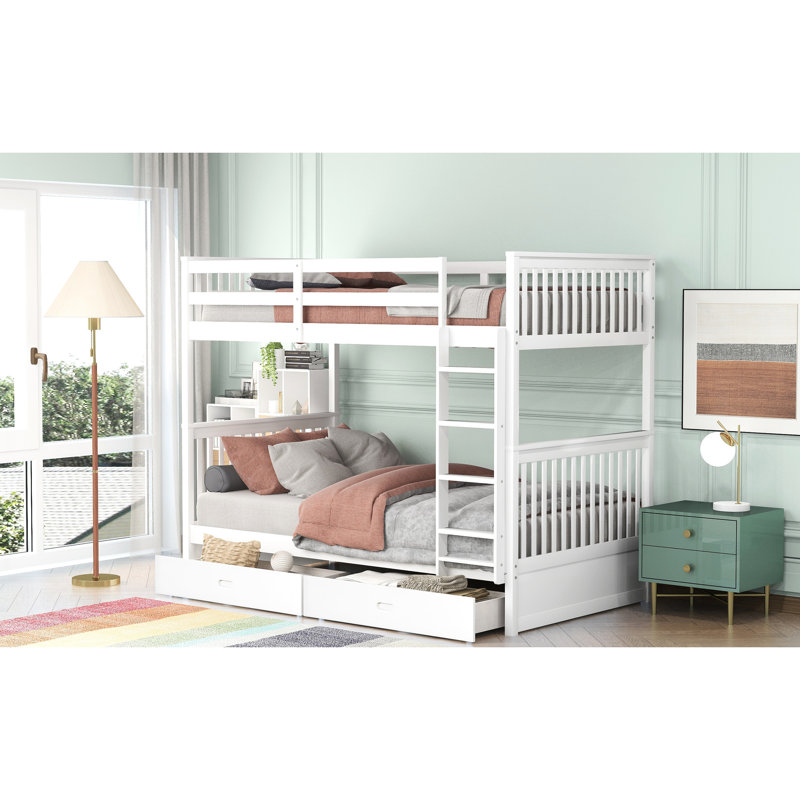 Lit superposé blanc Twintwin avec rangement, structure à deux tiroirs et échelles blanc, matériaux