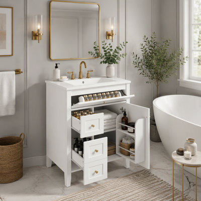 Meuble-lavabo de 61 cm avec lavabo, armoire moderne avec tiroir basculant et porte de salle de bain