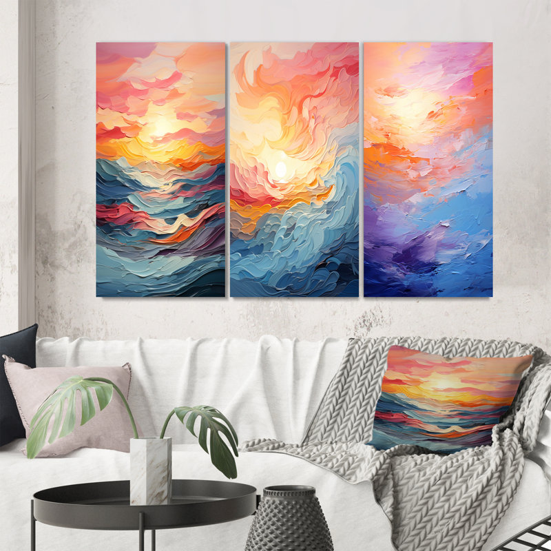 «Bold Pastel Sunset», 3 pièces sur toile, Cadre blanc, H 40 po x l 60 po