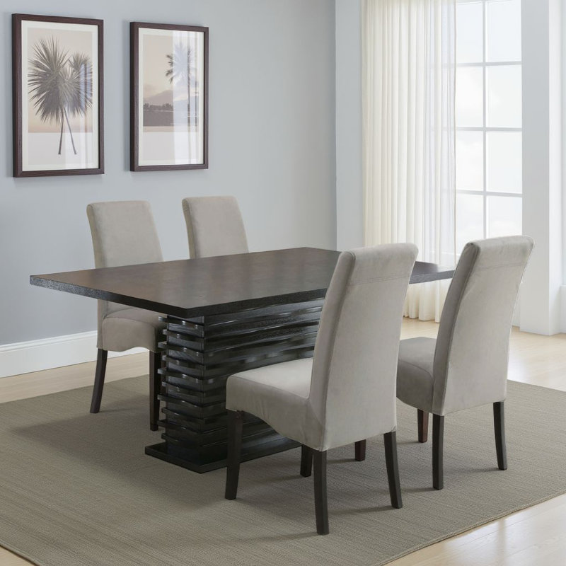 Pedestal Dining Set in Gray and Black, 5 Pieces: Table, 4 Chairs, 30"H x 65.75"L x 42"W