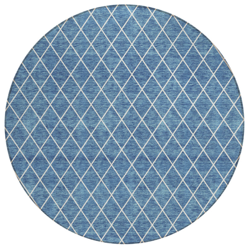 Tapis lavable intérieur et extérieur rond 8 pi bleu et ivoire en denim