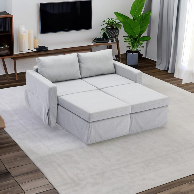 Canapé modulaire 4 pièces Demichael, 100 % lin gris clair
