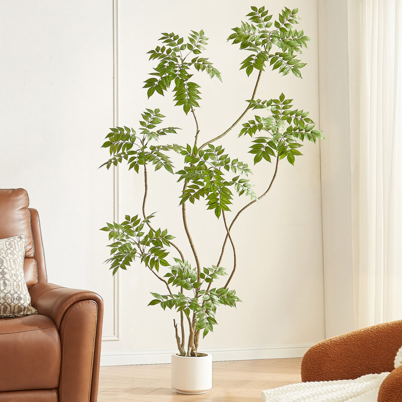 Plante artificielle en soie blanche en pot blanc de 6,5 pi pour décoration intérieure et extérieure, 78 po x 30 po 
