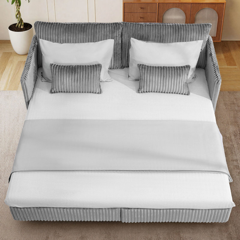 73" Pull Out Sofa Bed with Side Pocket& USB,3-in-1 Sleeper Sofa Corduroy Couch, Gray