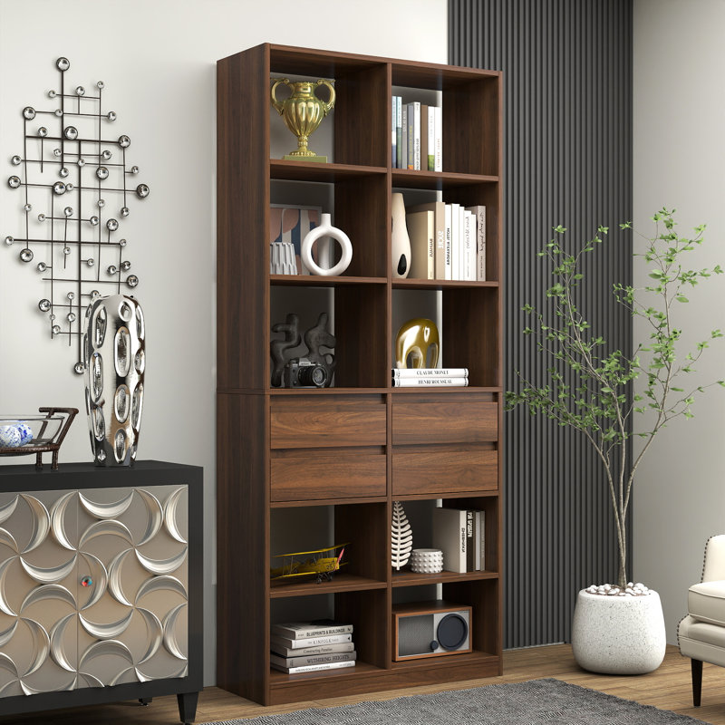 Bibliothèque ouverte à 4 tiroirs de rangement, 31,42 × 11,81 × 70,87 cm, vitrine haute autoportante en panneaux de particules, monobloc, couleur noyer, avec tiroirs