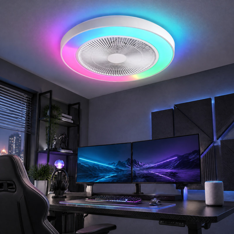 Modern Ceiling Fan with LED RGB Light, Flush Mount Fandelier with Remote App Voice Control, 19''