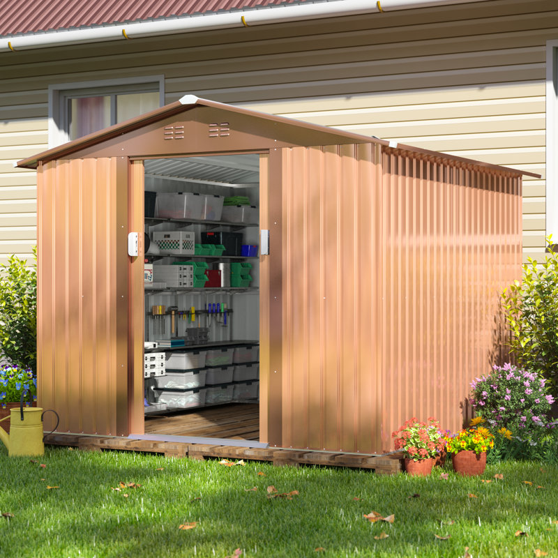 8' x 8' Brown Galvanized Steel Garden Storage Shed with Windows