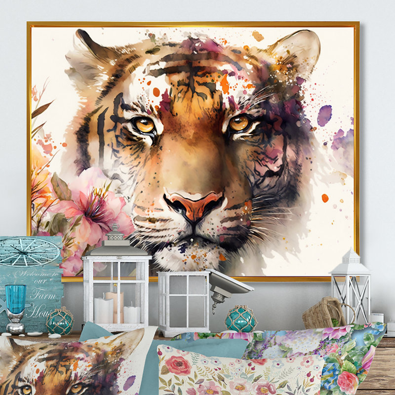 Portrait de tigre avec fleurs I - reproduction sur toile, H 30 po x l 40 po x P 1,5 po, Toile avec cadre flottant or