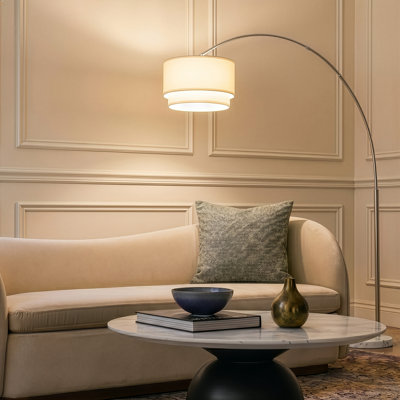 Lampe sur pied à DEL arquée moderne réglable de 81 po avec finition argentée, abat-jour tambour en tissu et base de marbre lestée Mason, ampoule incluse