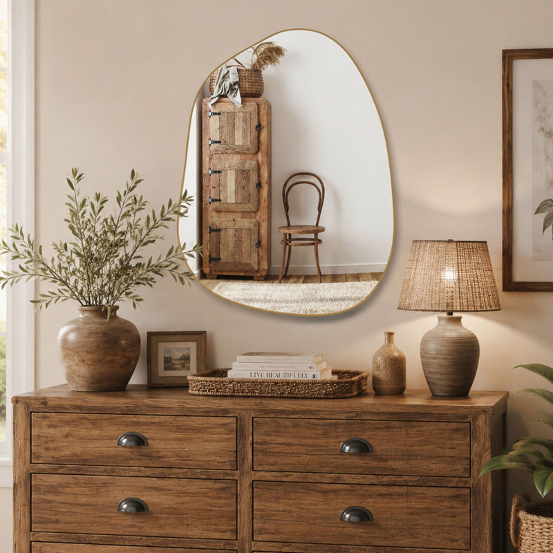 Miroir mural asymétrique, miroir de coiffeuse à cadre irrégulier avec finition dorée, miroir décoratif moderne pour salle de bain, chambre à coucher et entrée
