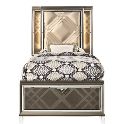 Lit simple avec rangement en beige et champagne foncé, simplifie l'installation pour économiser de l'espace, tête de lit rectangulaire à DEL, 2 tiroirs à profil bas pour éliminer les besoins en sommier tapissier,