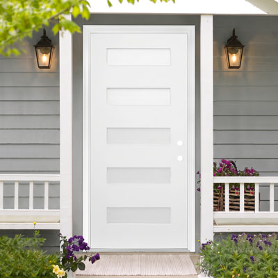 Peyton 36" x 80" White Fiberglass Front Entry Door, heavy‑duty 4‑9/16" PVC Frame, Frosted Decorative Glass