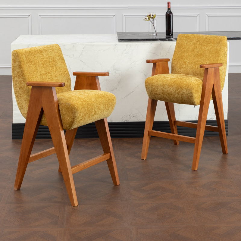 Tabouret de comptoir rembourré avec accoudoirs Kyajah, Jaune