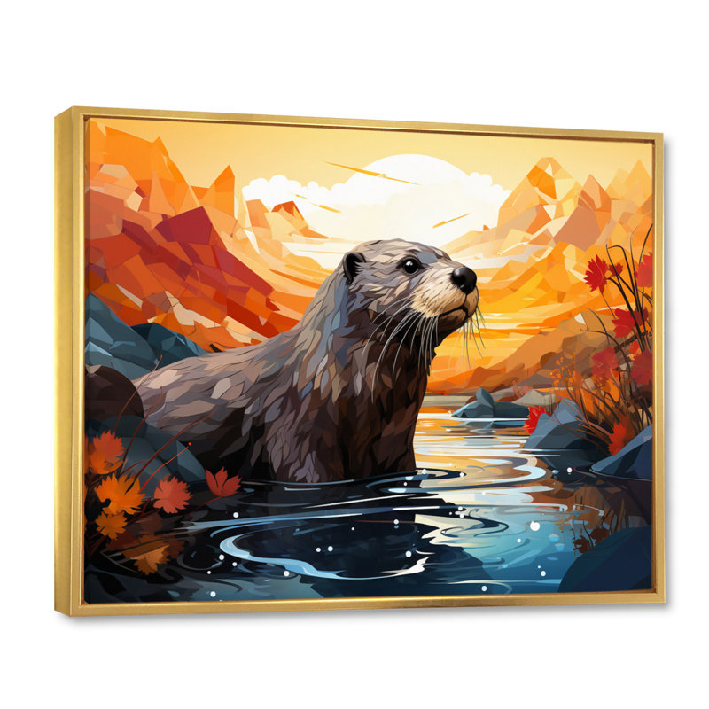 «Yellow Otter Playful River Dweller» sur toile, H 16 po x l 32 po x P 1 po, Cadre flottant doré
