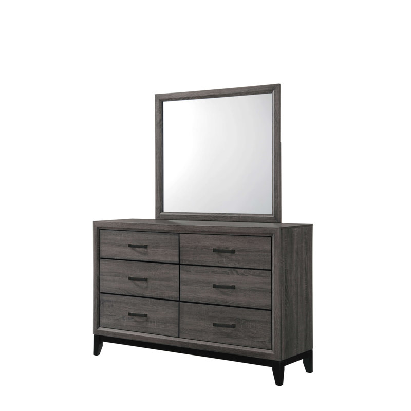 Ensemble de 5 pièces pour très grand lit contemporain avec lit à panneaux, commode, miroir et 2 tables de chevet au fini gris et noir