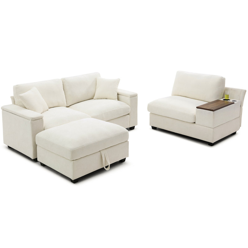 Canapé modulaire de 120,3 po avec table pliable, rangement, porte-gobelets et - sièges larges, 5 moelleux moelleux, matériau en lin, compartiments d'accoudoirs confortables en forme de L pour le salon, style moderne, beige
