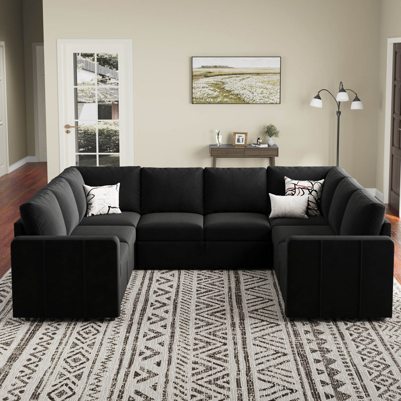 Seybert Large U Shaped Modular Sectional Sofa Pull Out Sofa Bed Sleeper Convertible Corner Sofa, Black Velvet