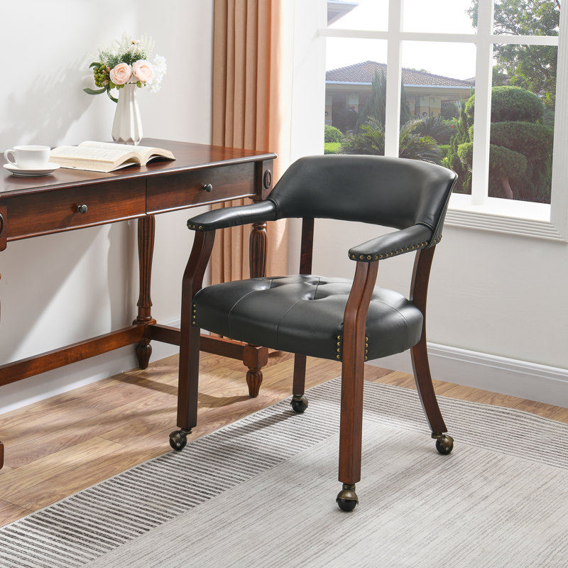 Elani Bankers Swivel Tufted Dining Chairs with Casters and Arms, Cherry, Black