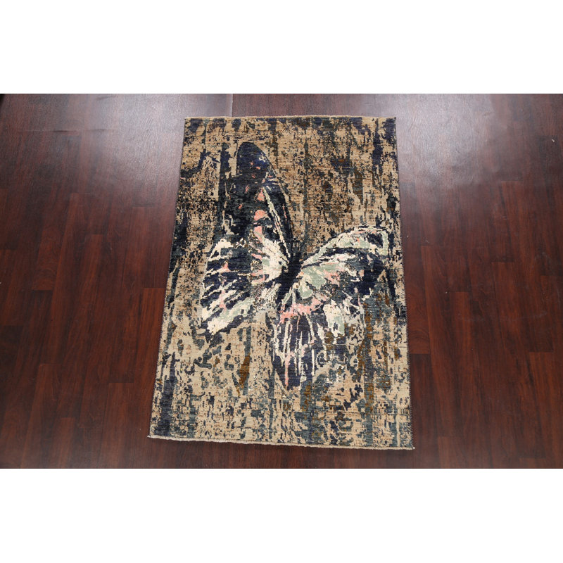 Tapis unique brun / bleu sarcelle / bleu marine / corail noué à la main 4 pi 2 po x 6 pi 2 po One-of-a-Kind