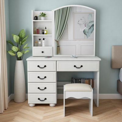 Fashion Vanity Desk With Mirror And Lights For Makeup, Vanity Mirror With Lights And Table Set With 3 Color Lighting Brightness Adjustable, 6 Drawers
