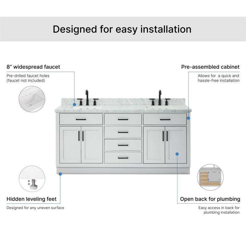 ARIEL HEPBURN 73 IN DOUBLE RECTANGLE SINK VANITY 1,5 IN, Gray, 73", Rectangular