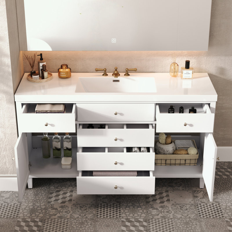 Meuble-lavabo de salle de bain avec lavabo, tiroirs à fermeture en douceur, portes en rotin et boutons en métal, Blanc