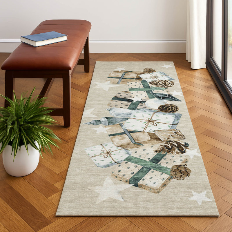 Premium Machine Washable Castillon AMF1825 Stars and Presents Holiday Rug, Runner 2'3" x 7'6"